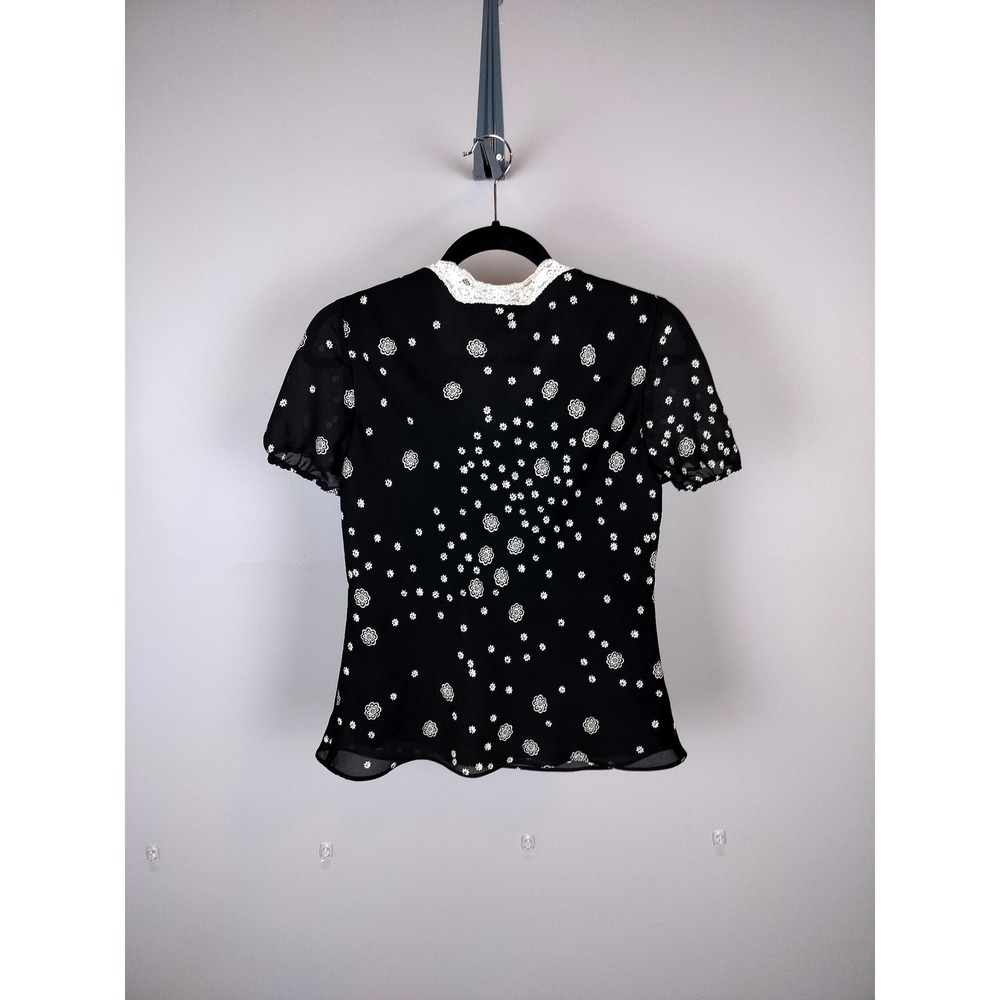 Jacques Vert Lace Trim Chiffon Floral Blouse Black White Puff Sleeve Top - Picture 4 of 7